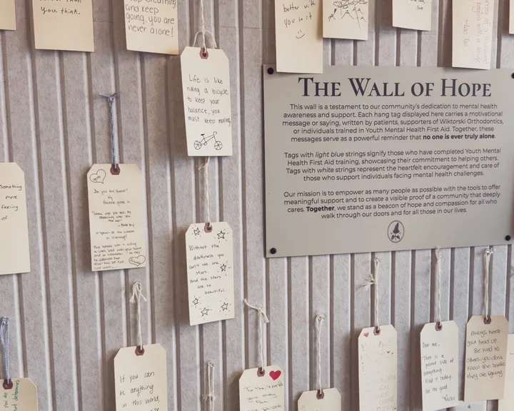 The Wall of Hope plaque inside Wiktorski Orthodontics, a community mental-health initiative